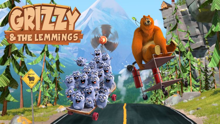 A brown grizzly bear, sitting on a food cart, is being chased by small, blue, furry creatures piled on top of each other on a skateboard with a big mountain in the background. 