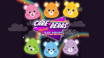 Faces of 6 colourful bears with sparkles around them on the dark background