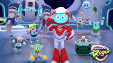 A friendly robot, in a red and white suit and a blue face, standing inside a spacecraft, surrounded by small and big robots.