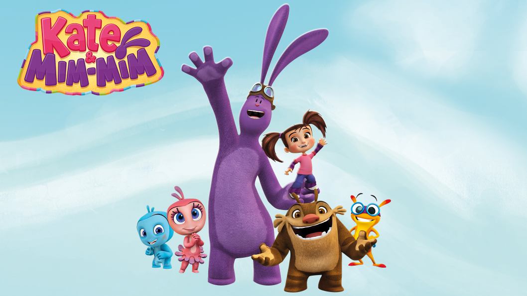 A big, purple rabbit waving one of his hands up and holding a young girl with pigtails in his other hand. They are surrounded by four small creatures.