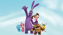 A big, purple rabbit waving one of his hands up and holding a young girl with pigtails in his other hand. They are surrounded by four small creatures.