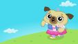 A cute pug, wearing a pink skirt and a blue vest, is holding a tiny mouse in her hands and walking on grass with a blue sky behind her.