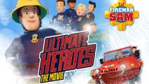 A collage of animated characters, dressed in firemen costumes, a picture of a red truck on one side