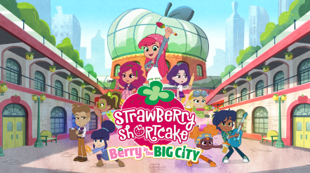 A group of characters standing in a city setting.