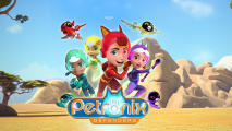 Four kids in colourful, high tech costumes and their robotic pets in a desert setting.