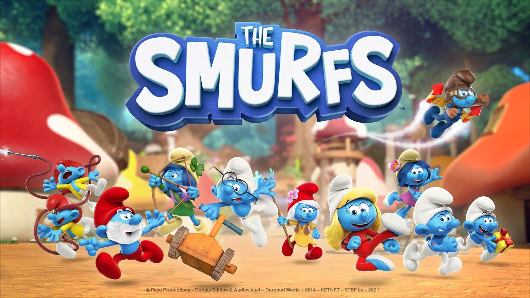 a group of blue creatures with white and red hats running around their mushroom village