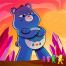 giant blue bear in a crystal wonderland, four little bears looking afraid
